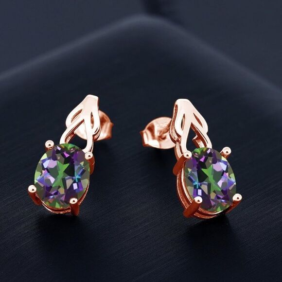 18K Rose Gold 925 with 3.60 Cttw Green Mystic Topaz Oval Post Back Drop Earrings - Picture 2 of 4